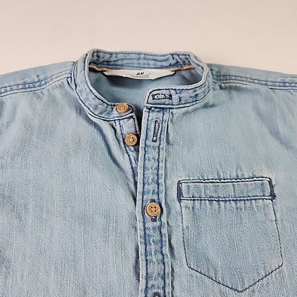 H&M Toddler Boys Denim Short Sleeve Button Down Shirt 2T Band Collar - Picture 6 of 10